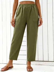 High-waisted elastic waist straight leg casual trousers for women, comfortable drape.