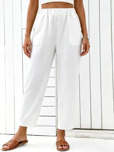 Women high waist elastic casual straight pants white stylish comfortable long trousers