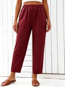Women High Waist Elastic Casual Straight Pants Wine Red Draped Long Trousers Summer