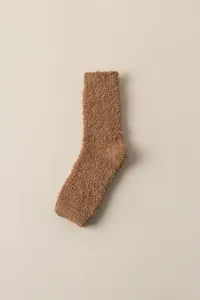 Brown coral fleece sleep sock detail, soft fuzzy warm fabric, cozy winter night wear.