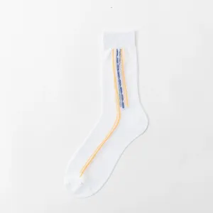 White thin nylon jacquard socks for men, comfortable loose top dress socks with stripes.