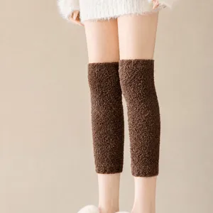 Cozy brown coral fleece knee warmers winter thick warm leg covers for women sport daily wear