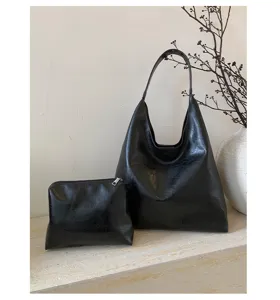 Dames slouchy schoudertas shopper set, zwarte lederlook handtas herfst winter mode stijlvol.