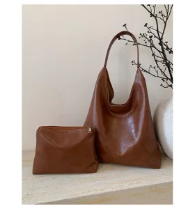 Bruine Leren Schoudertas Tote Set Grote Capaciteit Retro Hobo Tas met Klein Pouch