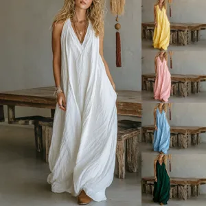 Women's Casual Sleeveless Deep V-Neck Maxi Dress Loose Fit Pocket Beach Sundress Bohemian Summer Vacation Long Dress