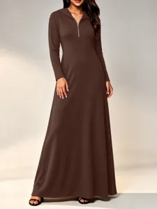 Long sleeve hooded maxi dress brown ribbed casual elegant comfortable daily wear fashion