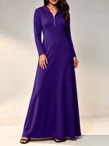Ribbed knit long sleeve maxi dress detail, cozy hooded design with front zipper style.