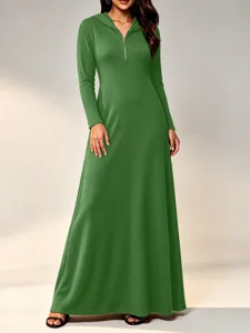Green ribbed long sleeve hooded maxi dress casual daily wear elegant long women dress