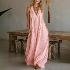 Women casual sleeveless loose pocket pink tank maxi dress, full length lifestyle main view.