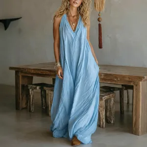 Casual sleeveless loose long maxi dress for women, light blue summer beachwear outfit.