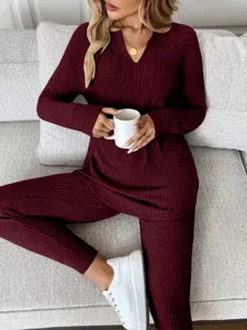 Conjunto de punto acanalado para mujer top manga larga con cuello en V y pantalón casual