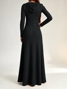 Black ribbed long-sleeve hooded maxi dress back detail showing casual daily style.