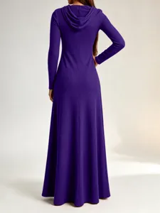 Detail view of a purple ribbed long sleeve hooded maxi dress, showcasing the back design.