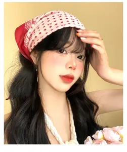 Cotton linen polka dot headscarf French vintage triangular bandana hair band for women.
