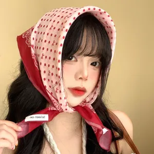 French vintage cotton linen polka dot triangular headscarf for women seaside vacation hair band