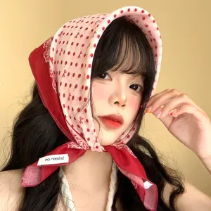 Cotton linen polka dot headscarf french vintage style triangle head wrap for women.