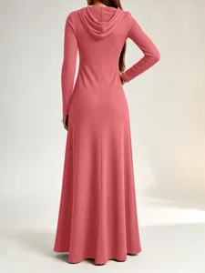 Back view detail of women's long sleeve ribbed hooded maxi dress in stylish pink knit fabric.
