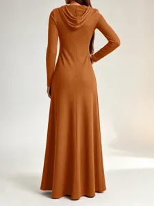 Long sleeve ribbed knit hooded maxi dress in brown for women casual wear detail view