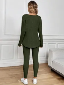Conjunto de loungewear de punto acanalado casual para mujer top manga larga verde