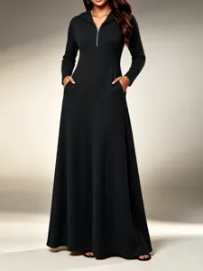 Detailed view of women long sleeve hooded maxi dress with front zipper and side pockets.
