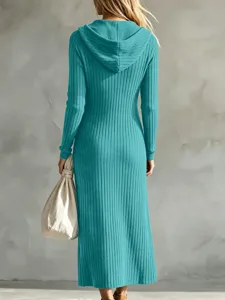 Abito lungo in maglia con cappuccio, abito maxi a coste tinta unita da donna, abbigliamento autunnale.