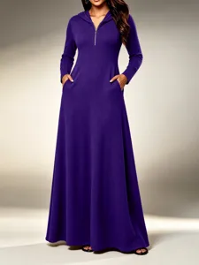 Close-up view of the purple ribbed hooded maxi dress featuring front zipper and deep pockets.