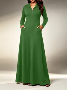 Women long sleeve hooded maxi dress solid color ribbed knit casual dress with pockets