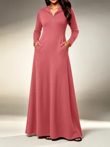 Casual long sleeve hooded maxi dress for women featuring ribbed knit fabric and practical side pockets.