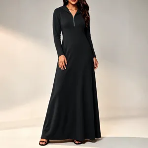 Women Casual Hooded Long Sleeve Ribbed Knit Maxi Dress Fashion Solid Color Slim Fit Zip V-Neck Pullover Long Dress