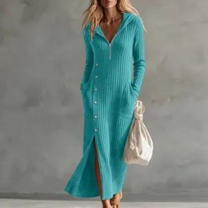 Abito Maxi Casual da Donna in Maglia Con Cappuccio Manica Lunga Tinta Unita Pullover Con Mezza Cerniera Tasche e Dettagli Bottoni