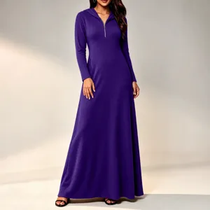 Long sleeve hooded maxi dress in solid purple featuring a front zip and comfortable ribbed knit.