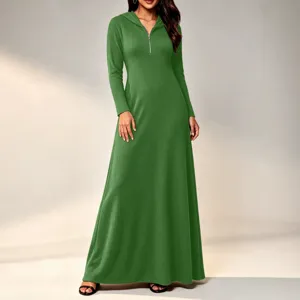 Green long sleeve hooded ribbed maxi dress for women casual solid color long dress