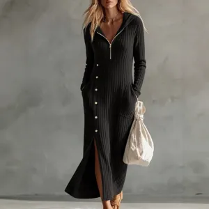 Abito lungo da donna con cappuccio e maniche lavorato a maglia a coste con zip e bottoni