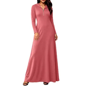 Casual long sleeve hooded ribbed maxi dress for women, elegant solid color floor length gown.