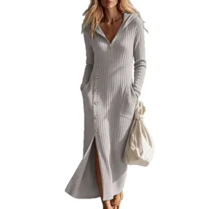 Donna Manica Lunga Cappuccio Abito Lungo Maglia Costine Casual Zip Tasche Maxi