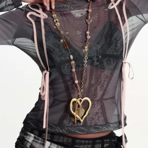 Y2K Handmade Ribbon Beaded Hollow Heart Pendant Necklace Long Sweater Chain For Women Fashion Jewelry