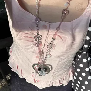 Y2K aesthetic handmade ribbon beaded heart pendant sweater chain necklace for women fashion jewelry