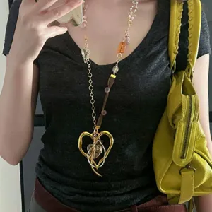 Y2K handmade ribbon splice colorful bead love heart sweater necklace for women chic charm
