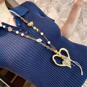 Y2K handmade ribbon spliced colorful bead heart sweater chain, trendy resort style necklace.
