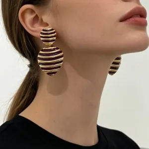 Vintage retro striped heart drop earrings French style enamel gold jewelry for women