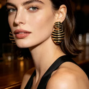 Vintage Gold and Black Striped Round Statement Earrings French Enamel Chic Ear Jewelry Detail