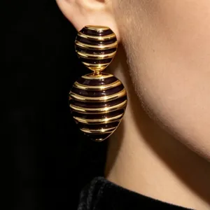Vintage french style striped enamel drop earrings with gold metal lines elegant jewelry