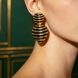 Vintage black and gold striped enamel heart stud earrings for women elegant French jewelry