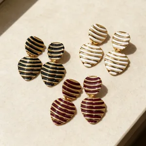 Vintage striped enamel double disc earrings chic retro gold plated fashion jewelry for women