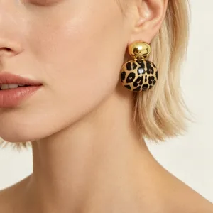 Pendientes de botón retro con bola de oro y estampado de leopardo, joyería chic para mujeres.