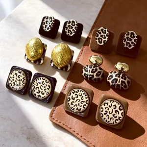Otoño vintage metal flocado estampado leopardo pendientes joyas elegantes mujer