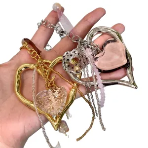 Y2K handmade ribbon beaded heart sweater chain and clavicle necklace for women fashion