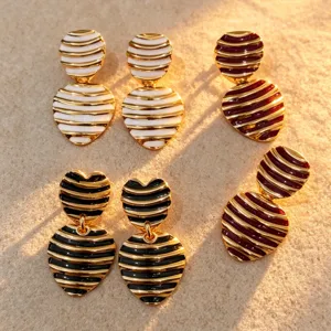 Vintage enamel striped heart stud earrings French style elegant jewelry for women accessories.
