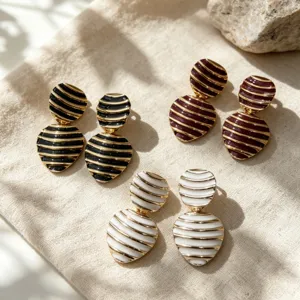 Vintage French style striped enamel drop earrings, chic two-layer geometric metal jewelry.