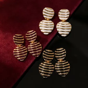 Vintage striped enamel heart earrings, French style double drop gold earrings for women.